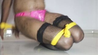 Indian Sissy riding her dildo with mouth gag on leaking bondage with rope