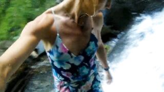 Alexa Cosmic swimming in beautiful waterfall wearing colorful combi dress...