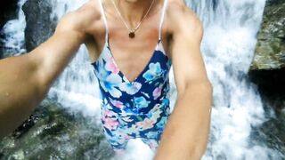 Alexa Cosmic swimming in beautiful waterfall wearing colorful combi dress...