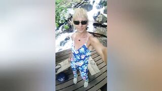 Alexa Cosmic swimming in beautiful waterfall wearing colorful combi dress...