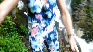 Alexa Cosmic swimming in beautiful waterfall wearing colorful combi dress...