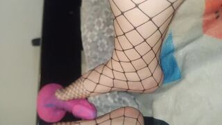 footjob to monster dildo in fishnets