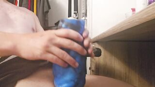 femboy in skirt cums with bad dragon fleshlight while watching porn