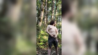 Femboy strips, pees, and cums in public forest