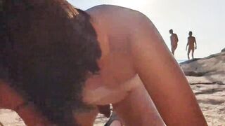 Asian sub worships white cock on Mediterranean nude beach