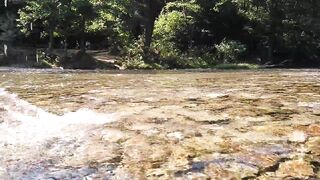 Sexy t-girl swimming in mountain river and wetting teal summer dress ...