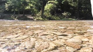 Sexy t-girl swimming in mountain river and wetting teal summer dress ...