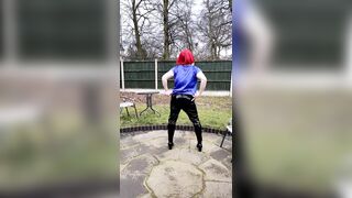 TV cumslut Nottstvslut in the garden satin blouse and tight pvc leggings