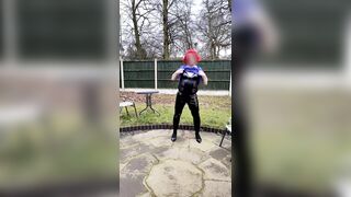 TV cumslut Nottstvslut in the garden satin blouse and tight pvc leggings