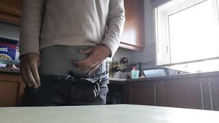 Jerking off session in the kitchen and shooting my cum over the kitchen table