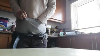 Jerking off session in the kitchen and shooting my cum over the kitchen table