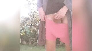 Smoking a cigarette outside in underwear and jerking off with cumshot