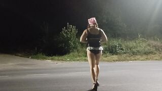 Sissy slut walking at he night in the road