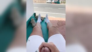 jerking at busstop with cars driving by and caught when cumming