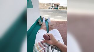 jerking at busstop with cars driving by and caught when cumming