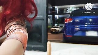 Limp sissy clitty dildoing her ass on the open door while cars pass by