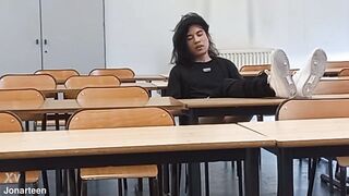 Horny at school during course revision, this French-Asian student takes out his cock in public, jerks off in a risky university classroom