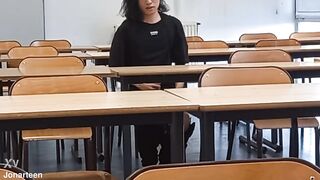 Horny at school during course revision, this French-Asian student takes out his cock in public, jerks off in a risky university classroom