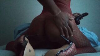 11inch anal penetration in bedroom with red fishnets and highheels crossdressing