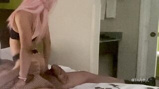 Pink haired sissy slut taking BBC