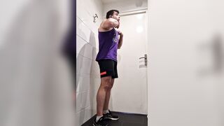 Horny hot boy during workout jerks off hard and cums all over in toilet gym