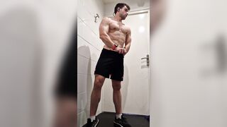 Horny hot boy during workout jerks off hard and cums all over in toilet gym