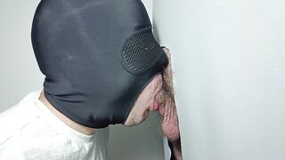 Straight stud with hairy cock returns to gloryhole, throat orgasm without warning.