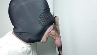 Straight stud with hairy cock returns to gloryhole, throat orgasm without warning.