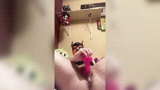 Creamy pup plays with dildo