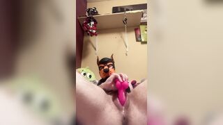 Creamy pup plays with dildo