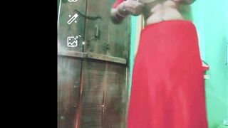 Indian Gay Crossdresser Gauri Sissy xxx video call in red saree showing his boobs and bra strap