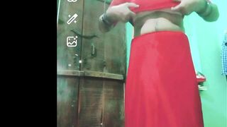 Indian Gay Crossdresser Gauri Sissy xxx video call in red saree showing his boobs and bra strap