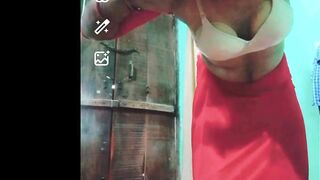 Indian Gay Crossdresser Gauri Sissy xxx video call in red saree showing his boobs and bra strap