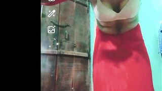 Indian Gay Crossdresser Gauri Sissy xxx video call in red saree showing his boobs and bra strap