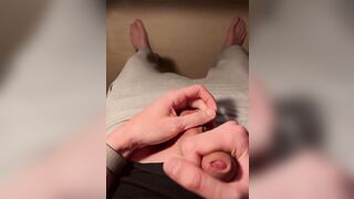 POV Quickie. Twink strokes his freshly shaved big dick and cums on the floor