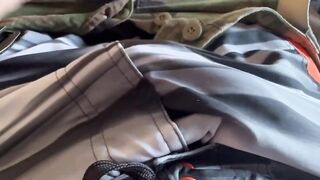 Army soldier wears swim trunks under his uniform and jerks off a hot load