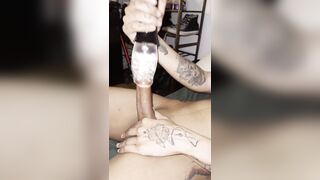 TS girl using toy jerking huge cock