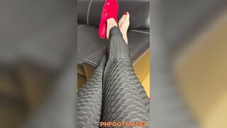 Tgirl Dirty talking in black leggings showing sexy toes and surprise