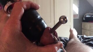 Devious cock cage with hollow urethral sound - estim and vibrated to cum