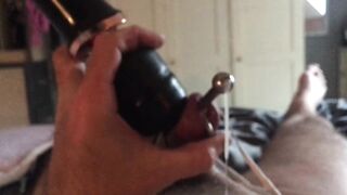 Devious cock cage with hollow urethral sound - estim and vibrated to cum