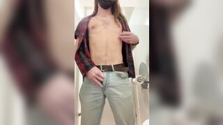 Nipple play & cumshot in public bathroom