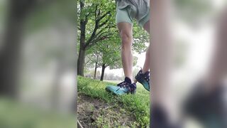 Hot jock working out pulls shorts down in the middle of a public park to show off his ass and cock