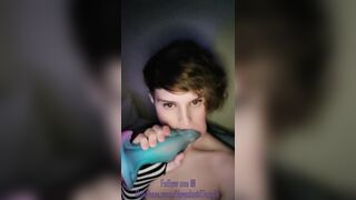 Sucking on a 10inch dildo