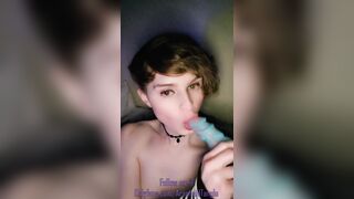 Sucking on a 10inch dildo