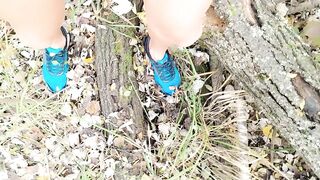 Naked twink in the woods shows off his body and legs with blue sneakers - short video