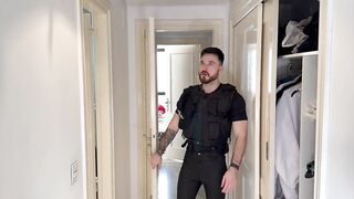 Muscular hairy cop strips after shift & takes a showers