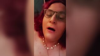 Red head Trans Cat Girl in Fishnets strips then eats her own cun