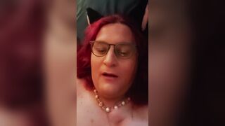 Red head Trans Cat Girl in Fishnets strips then eats her own cun