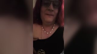 Red head Trans Cat Girl in Fishnets strips then eats her own cun