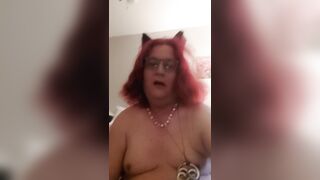 Red head Trans Cat Girl in Fishnets strips then eats her own cun